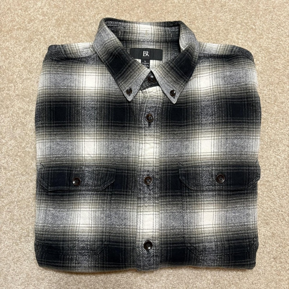 Banana Republic Flannel Shirt Mens Large Gray Ombre Shadow Plaid Western Cottage - Picture 7 of 10